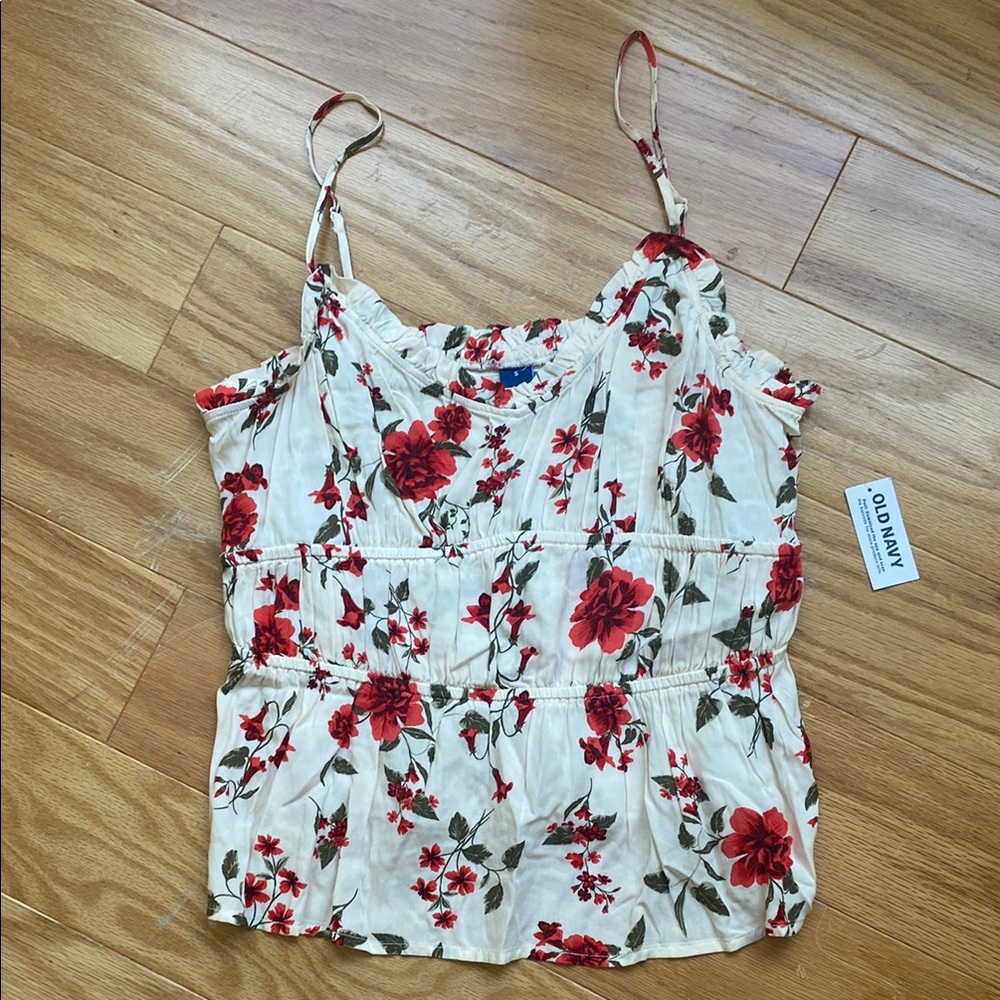 Old Navy Floral Print Women's Top - Red and Cream Size Small